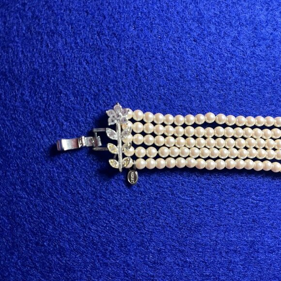 Vintage Faux Pearl Multistrand Bracelet | Cubic Zirconia Floral Clasp | Timeless - Picture 5 of 8
